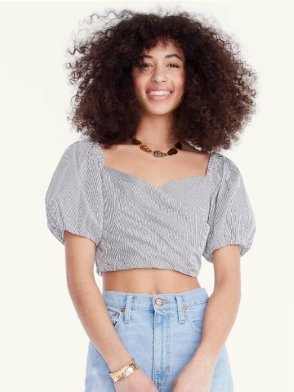 J. Crew Puff-sleeve organic cotton cropped top in stripe